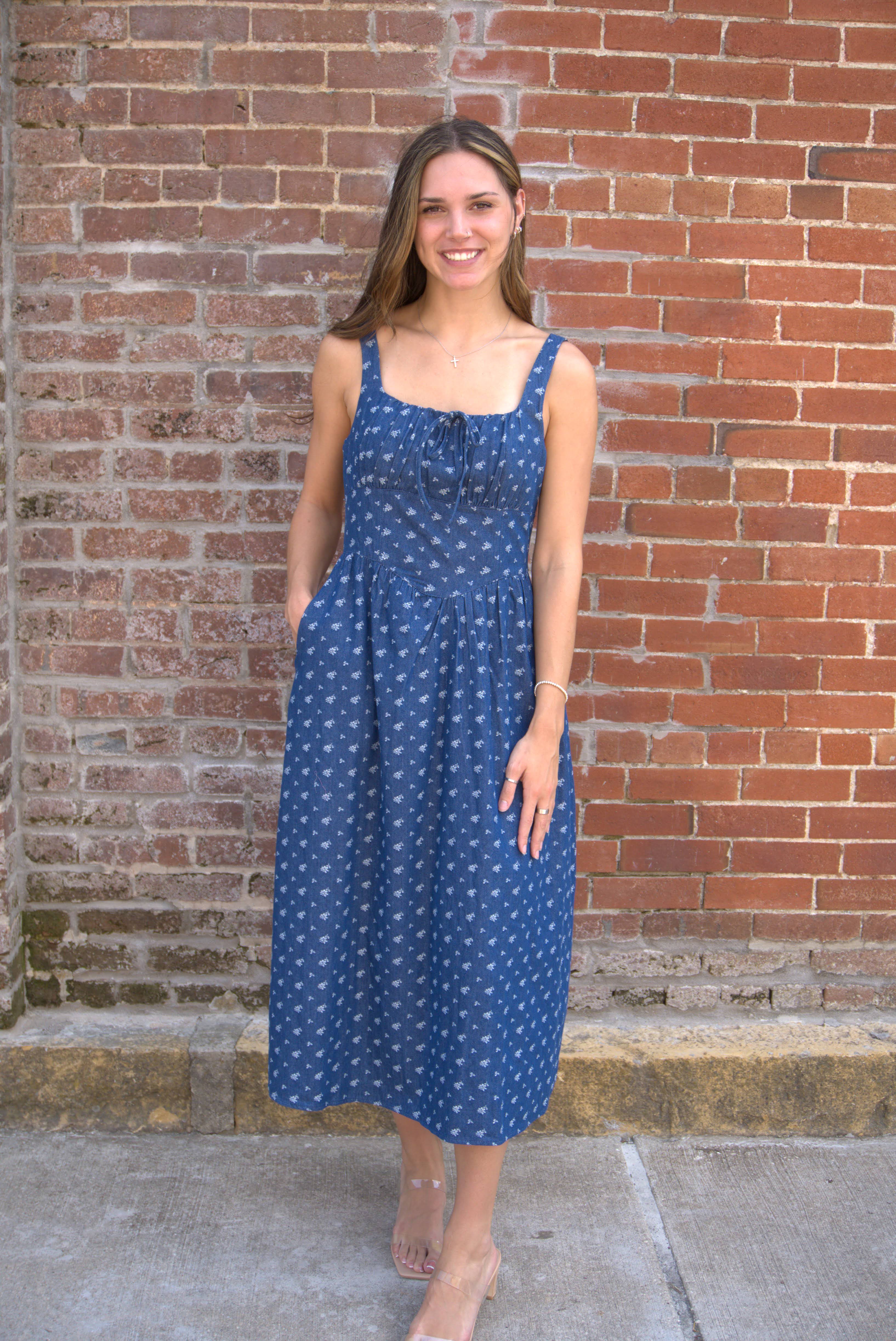 Denim Floral Corset Midi Dress M