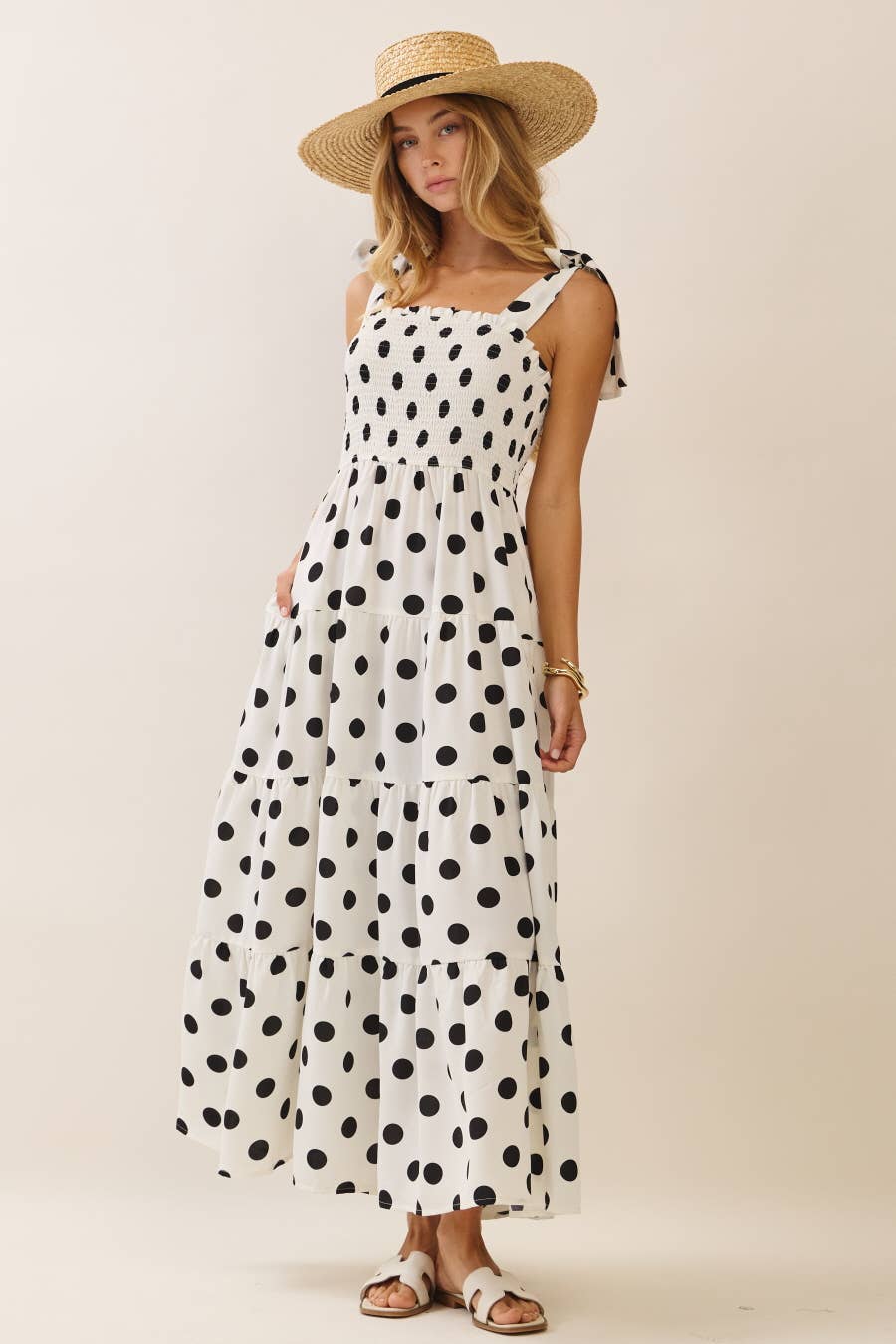 midi boutique dresses Polka Dot Smocked Tiered Midi Dress L