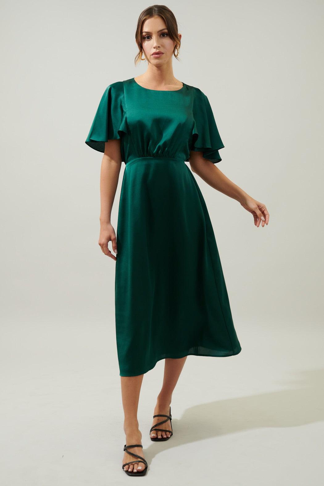 satin flutter sleeve midi dress Effervescent Afternoon Green Satin Flutter Sleeve Midi Dress