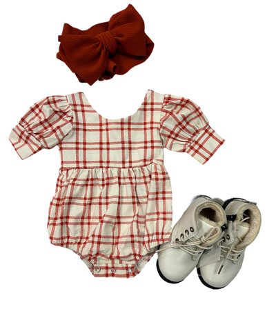 Scarlet Plaid Puff Romper-Children & Tweens, children's, Children/Tween, Childrens/Tween, girls, infant, Infant to 6, infant-6, Jumpsuits & Rompers, romper, Rompers-[option4]-[option5]-[option6]-Bella Bliss Boutique in Texas