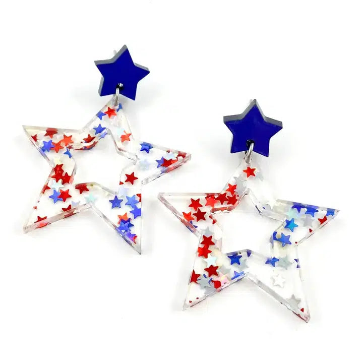 1.75" Star Spangled Star Earrings-Dangle Earrings,Earring,Earrings,Metallic,Metallic Blue,Metallic Red,Patriotic,Post Earrings,Star,Stars-[option4]-[option5]-[option6]-Bella Bliss Boutique in Texas