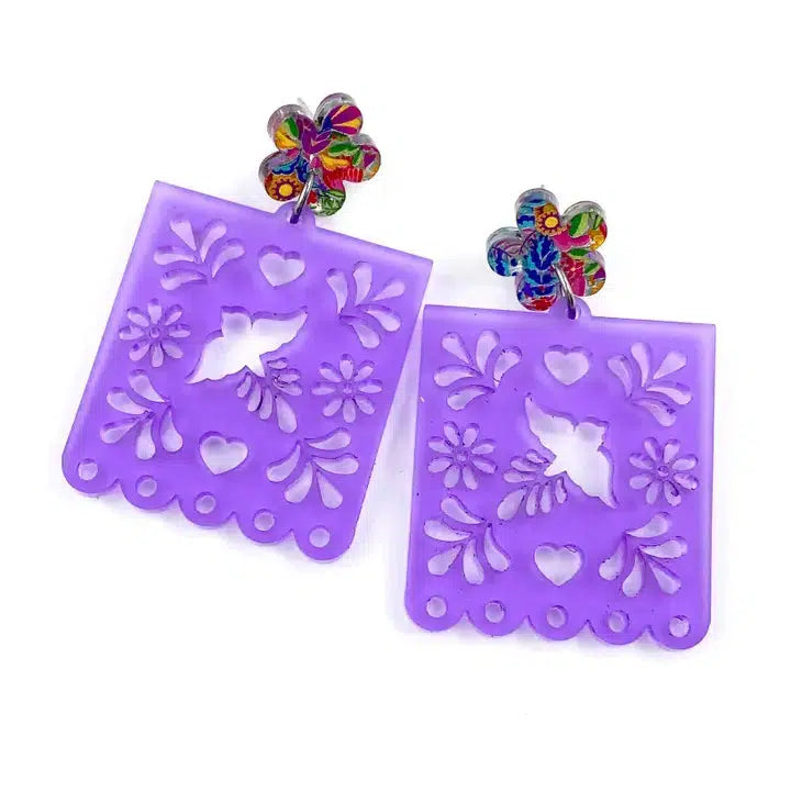 2" Frosted Papel Picado Dangle Earrings-Acrylic,Blue,Dangle Earrings,Earring,Earrings,Hot Pink,Jewelry,orange,Post Earrings,purple-[option4]-[option5]-[option6]-Bella Bliss Boutique in Texas