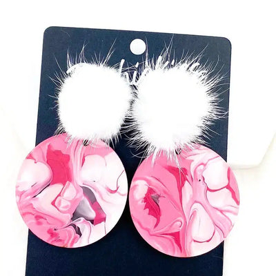 2" White Pom & Marble Acrylic Dangle Earrings-Acrylic, Dangle Earrings, Earring, Earrings, Jewelry, Marble, Pink, Pink Marble, Post Earrings, Puff, White Puff-[option4]-[option5]-[option6]-Bella Bliss Boutique in Texas