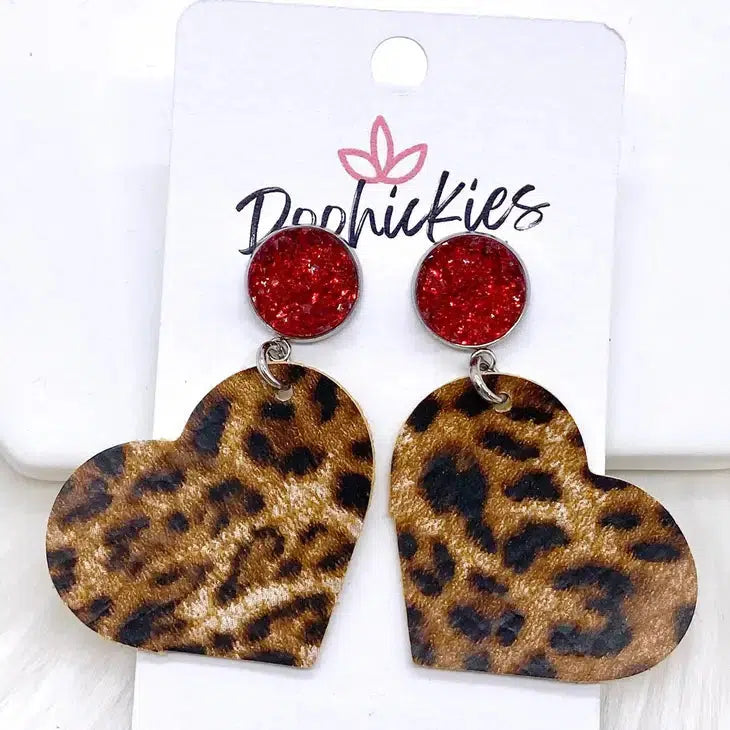 2.5" Leopard Valentine Heart Earrings-Animal Print, Dangle Earrings, Earring, Earrings, Faux Druzy, Leather, leopard, Leopard Print, Post Earrings, Red-[option4]-[option5]-[option6]-Bella Bliss Boutique in Texas