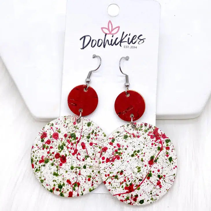 2.5" Red & Christmas Splatter Earrings-Corkies, Dangle Earrings, Earring, Earrings, French Wire Earrings, Jewelry, Red, Splatter-[option4]-[option5]-[option6]-Bella Bliss Boutique in Texas