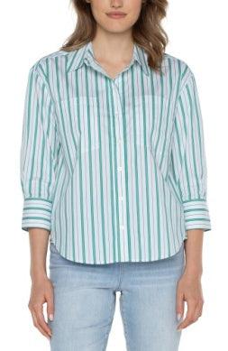 3/4 Sleeve Button Front Top-3/4 Sleeve, 3/4 sleeves, button down, Button Front, Button Up, buttondown, clothing, Green & White Stripe, Top, Tops, Women, women's-[option4]-[option5]-[option6]-Bella Bliss Boutique in Texas