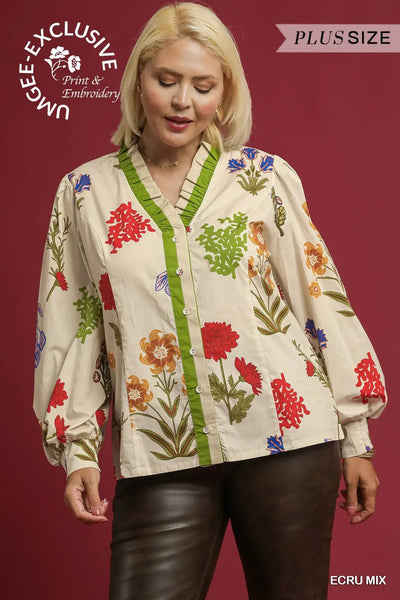 Lightweight floral button-down blouse with ruffle neckline, puff sleeves, and feminine multicolor print