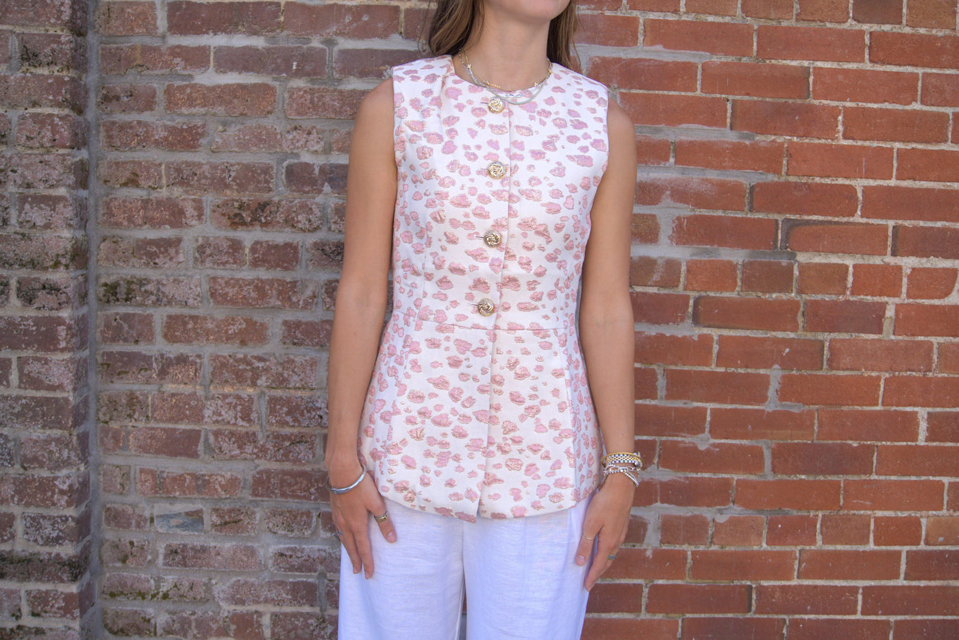 Abstract Pattern Jacquard Top-Abstract,Abstract Pattern,Abstract Print,clothing,Gold Accents,Jacquard,Jacquard Pattern,Pink,Sleeveless,Top,Tops,Women,women's,Woven Top-[option4]-[option5]-[option6]-Bella Bliss Boutique in Texas
