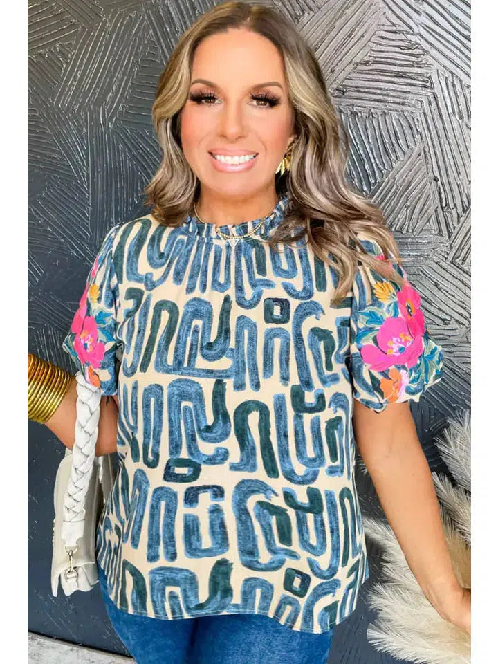 Abstract Print Puff Sleeve Top-Abstract, Abstract Print, clothing, Curvy, embroidered, Embroidered Detail, Floral, Floral Print, Puff Sleeve, Sky Blue, Top, Tops-[option4]-[option5]-[option6]-Bella Bliss Boutique in Texas