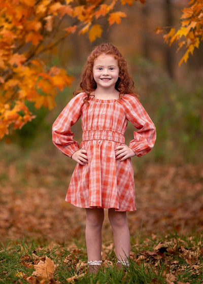 Amelia Dress-Autumn Orange,Children & Tween,Children & Tweens,children's,Childrens/Tween,dresses,Fall,Fall Favorites,Fall Plaid,girls,Infant to 6,little girls dresses,orange,Tween 7-14,Tweens 7-14-Orange-2T-[option4]-[option5]-[option6]-Bella Bliss Boutique in Texas