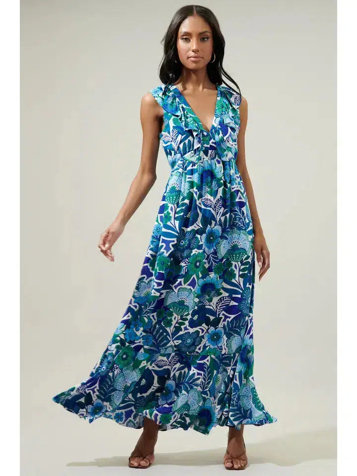 Andretta Floral Maxi Dress-Blue Multi, clothing, dress, dresses, Floral, Floral Print, Maxi Dress, Ruffle Detail, V-Neck, Women, women's-[option4]-[option5]-[option6]-Bella Bliss Boutique in Texas