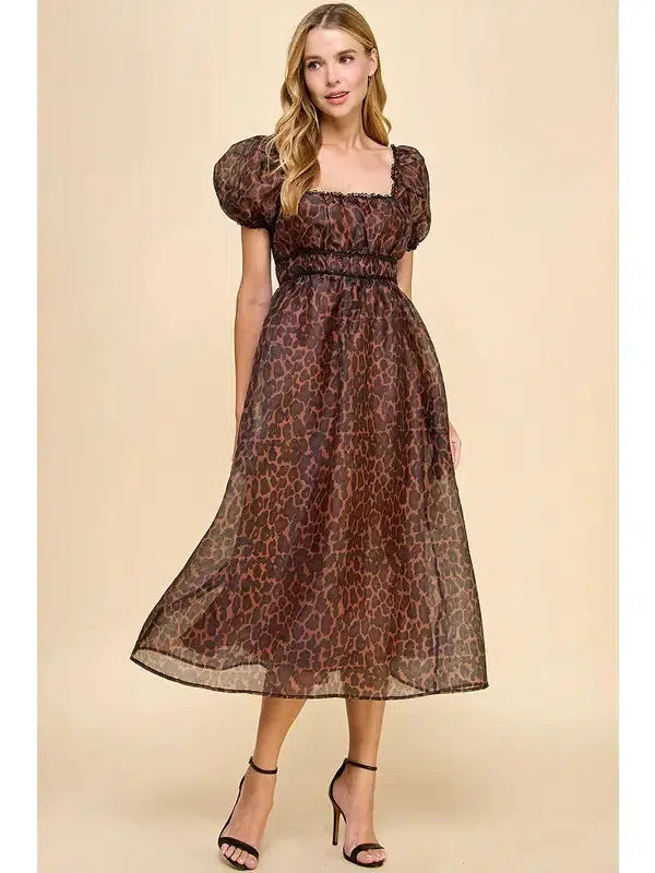 Animal Print Organza Midi Dress-Animal Print, Brown, clothing, dress, dresses, Elastic Waist, leopard, Leopard Print, Midi Dress, Organza, Puff Sleeve, Sale, Square Neck, Square Neckline, Women, women's-[option4]-[option5]-[option6]-Bella Bliss Boutique in Texas