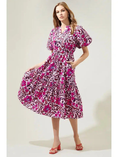Aubrey Floral Midi Dress-Bubble Sleeve, clothing, dress, dresses, Floral, Floral Print, Midi Dress, Pink Multi, Pink Multi Floral, Women, women's-XS-[option4]-[option5]-[option6]-Bella Bliss Boutique in Texas