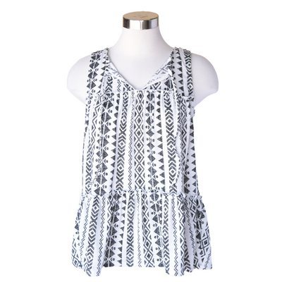 Aztec Tiered Ruffle Tank Top-Aztec, Black, Black & White, clothing, Ruffle Detail, Sleeveless, Tie Neck, Tiered, Top, Tops, White, women, women's-S-[option4]-[option5]-[option6]-Bella Bliss Boutique in Texas