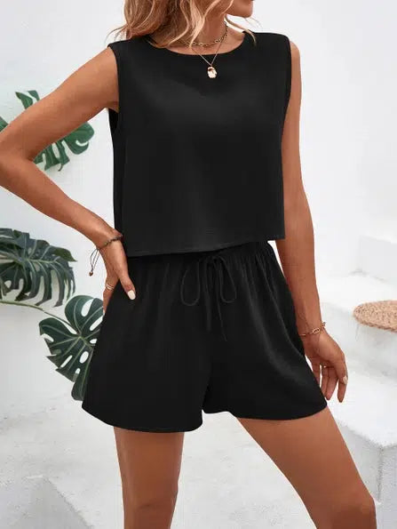 Back Button Detail Short Set-Back Button Detail,Black,Bottoms,clothing,Cropped,Linen,shorts,shorts set,Sleeveless,Top,Tops,women,women's-[option4]-[option5]-[option6]-Bella Bliss Boutique in Texas