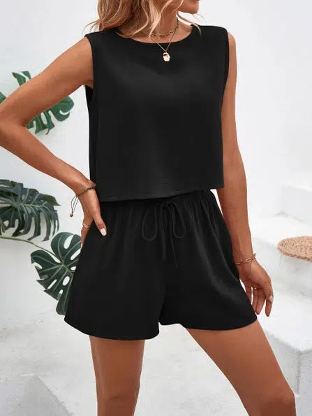 Back Button Detail Short Set-Back Button Detail, Black, Bottoms, clothing, Cropped, Linen, shorts, shorts set, Sleeveless, Top, Tops, women, women's-[option4]-[option5]-[option6]-Bella Bliss Boutique in Texas