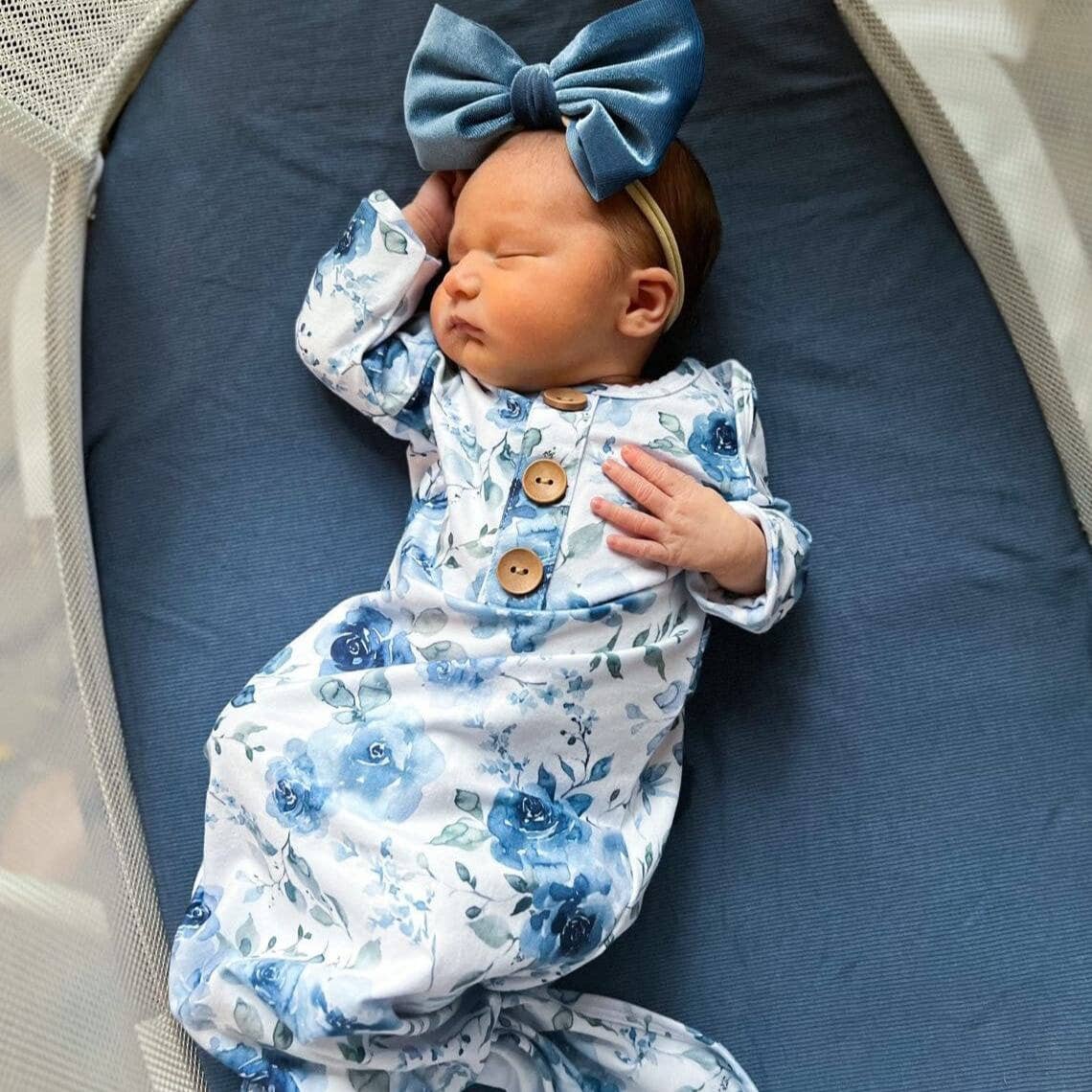 Bailey Floral Newborn Knot Gown & Hat Set-Bow Headband,Button Detail,Children & Tween,Children & Tweens,Floral Print,Infant to 6,newborn,polyester,Rompers,Swaddle + Headband-0-3 months-[option4]-[option5]-[option6]-Bella Bliss Boutique in Texas