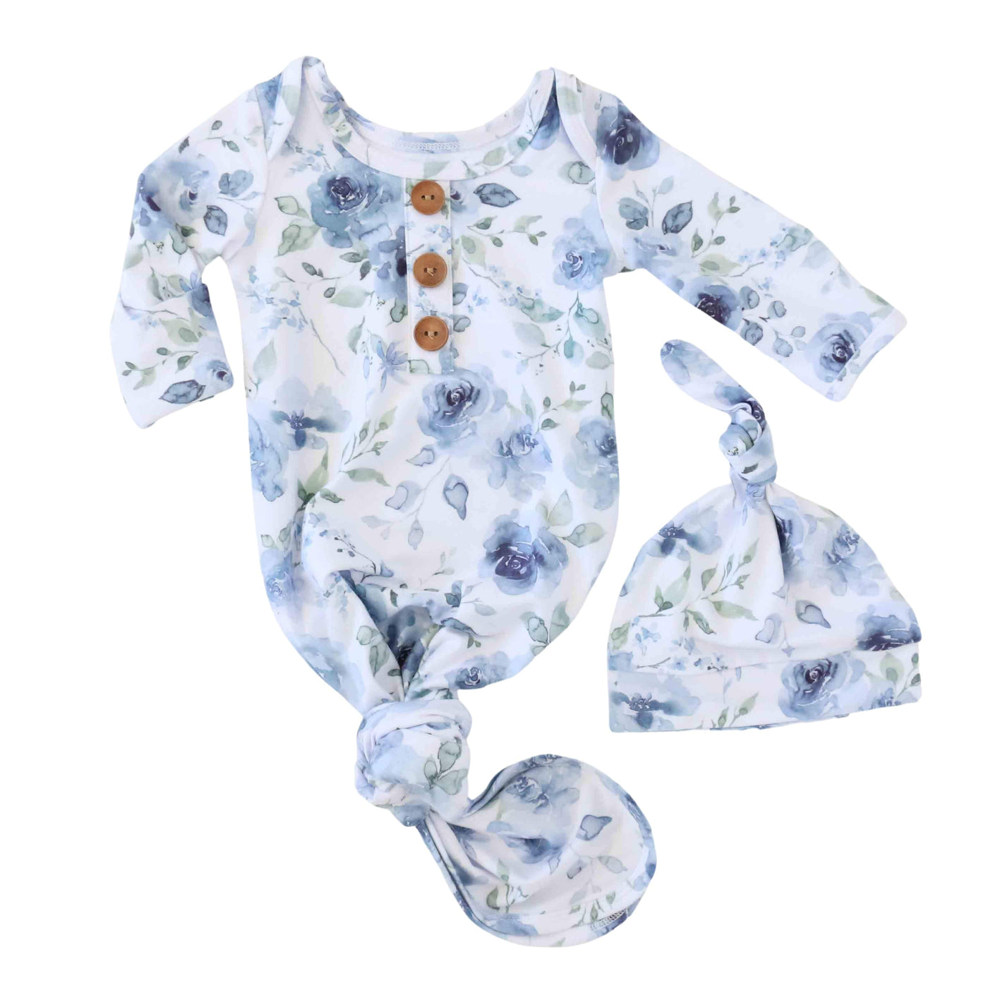 Bailey Floral Newborn Knot Gown & Hat Set-Bow Headband,Button Detail,Children & Tween,Children & Tweens,Floral Print,Infant to 6,newborn,polyester,Rompers,Swaddle + Headband-[option4]-[option5]-[option6]-Bella Bliss Boutique in Texas