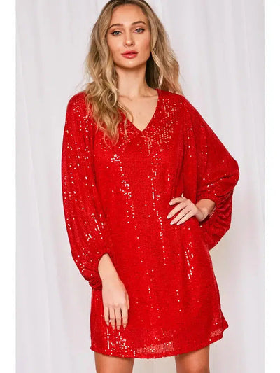 Balloon Sleeve Sequin Mini Dress-Balloon Sleeve, clothing, dress, dresses, Mini Dress, Party Dress, Red, Sequin Dress, Women, women's-[option4]-[option5]-[option6]-Bella Bliss Boutique in Texas