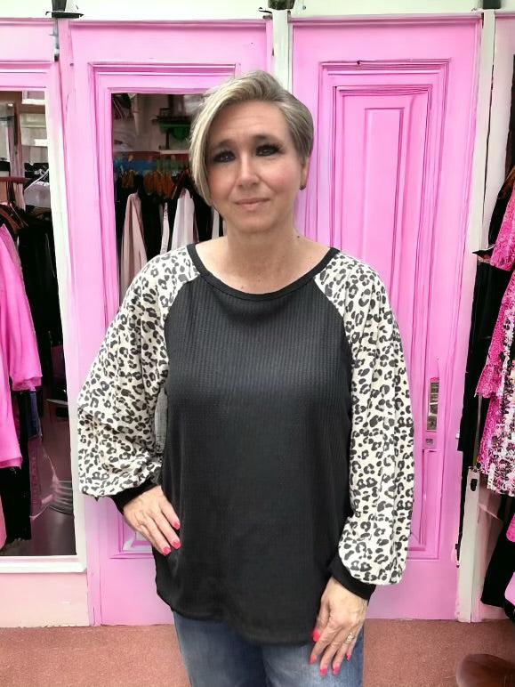 Balloon Sleeve Thermal Waffle Top-Animal Print, Balloon Sleeve, Black, clothing, leopard, Leopard Print, Thermal, Top, Tops, Waffle, Women, women's-S-[option4]-[option5]-[option6]-Bella Bliss Boutique in Texas