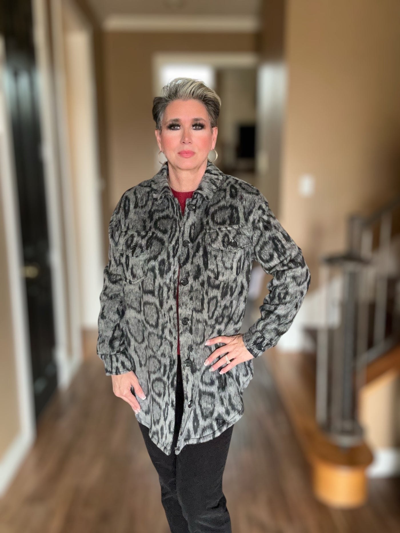 Barnaby Brushed Shacket-Animal Print, clothing, Coats & Jackets, Grey, Outerwear, Shacket, Top, Tops, Women, women's-S-[option4]-[option5]-[option6]-Bella Bliss Boutique in Texas