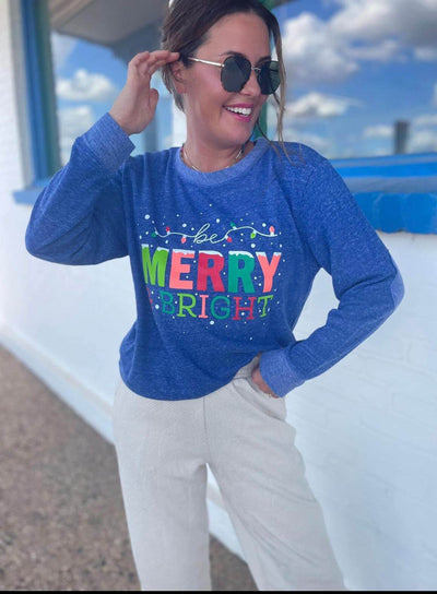 Be Merry & Bright Sweatshirt-Blue,Christmas,clothing,Merry & Bright,Sale,Sweatshirt,Terry,Top,Tops,Women,women's-[option4]-[option5]-[option6]-Bella Bliss Boutique in Texas