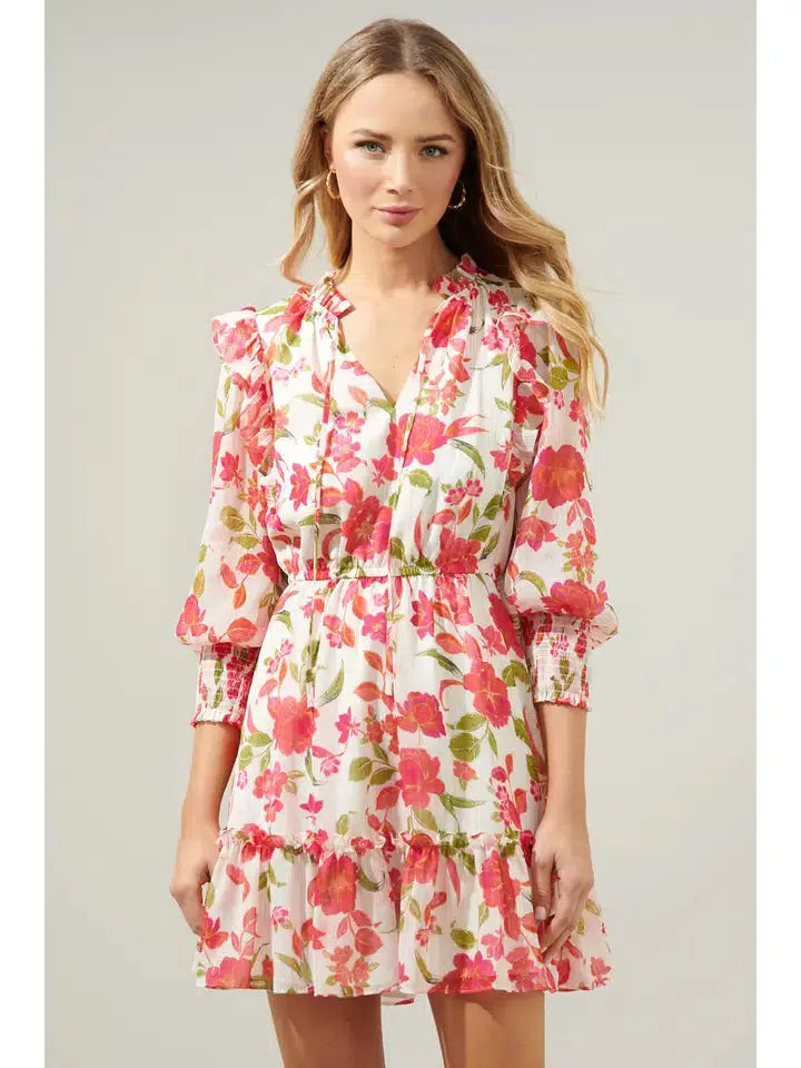 Belle Anse Floral Chiffon Dress-Chiffon, clothing, dress, dresses, Floral, Floral Print, Mini Dress, Pink Multi, Ruffle Detail, Women, women's-[option4]-[option5]-[option6]-Bella Bliss Boutique in Texas