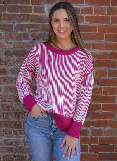 Berry Bliss Two-Tone Rib Knit Sweater-BiBI,clothing,Collared Sweater,Knit Sweater,Lightweight Sweater,Ribbed Cuff,Ribbed Hem,Sweater,Sweaters,Top,Tops,Women,women's-[option4]-[option5]-[option6]-Bella Bliss Boutique in Texas