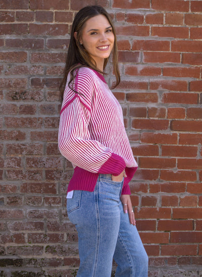 Berry Bliss Two-Tone Rib Knit Sweater-BiBI,clothing,Collared Sweater,Knit Sweater,Lightweight Sweater,Ribbed Cuff,Ribbed Hem,Sweater,Sweaters,Top,Tops,Women,women's-[option4]-[option5]-[option6]-Bella Bliss Boutique in Texas