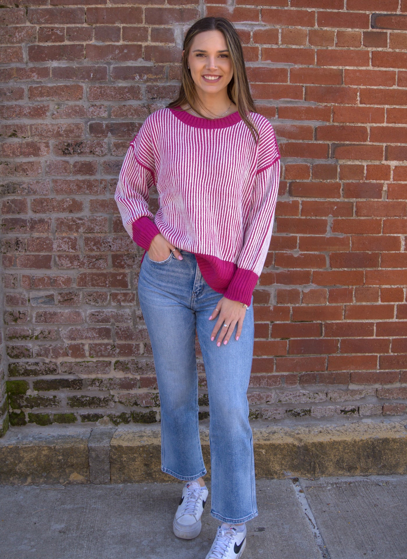 Berry Bliss Two-Tone Rib Knit Sweater-BiBI,clothing,Collared Sweater,Knit Sweater,Lightweight Sweater,Ribbed Cuff,Ribbed Hem,Sweater,Sweaters,Top,Tops,Women,women's-[option4]-[option5]-[option6]-Bella Bliss Boutique in Texas