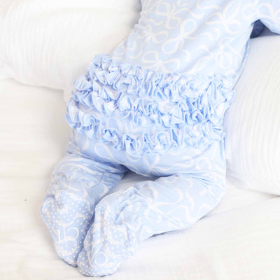 Blue-tiful Bows Ruffle Footie-Bamboo Viscose,Caden Lane,Children & Tween,Children & Tweens,Footed,infant,Infant to 6,Rompers,Ruffle Detail,Zip Front-Newborn-[option4]-[option5]-[option6]-Bella Bliss Boutique in Texas