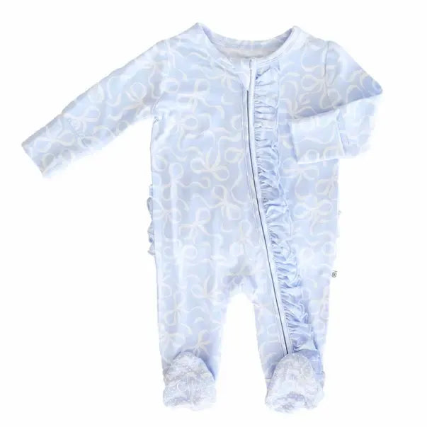 Blue-tiful Bows Ruffle Footie-Bamboo Viscose,Caden Lane,Children & Tween,Children & Tweens,Footed,infant,Infant to 6,Rompers,Ruffle Detail,Zip Front-[option4]-[option5]-[option6]-Bella Bliss Boutique in Texas