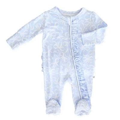 Blue-tiful Bows Ruffle Footie-Bamboo Viscose,Caden Lane,Children & Tween,Children & Tweens,Footed,infant,Infant to 6,Rompers,Ruffle Detail,Zip Front-[option4]-[option5]-[option6]-Bella Bliss Boutique in Texas