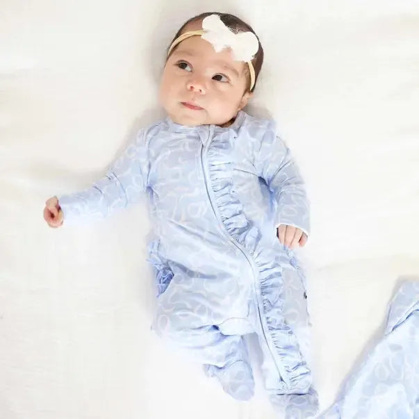 Blue-tiful Bows Ruffle Footie-Bamboo Viscose,Caden Lane,Children & Tween,Children & Tweens,Footed,infant,Infant to 6,Rompers,Ruffle Detail,Zip Front-[option4]-[option5]-[option6]-Bella Bliss Boutique in Texas