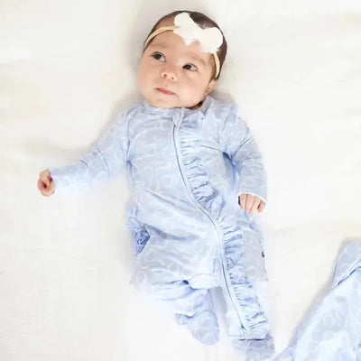 Blue-tiful Bows Ruffle Footie-Bamboo Viscose,Caden Lane,Children & Tween,Children & Tweens,Footed,infant,Infant to 6,Rompers,Ruffle Detail,Zip Front-[option4]-[option5]-[option6]-Bella Bliss Boutique in Texas