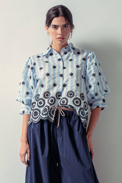 Bluebell Scallop Blouse-Button Front,Button Up,clothing,Collared,Floral,Floral Pattern,Floral Print,Half Puff Sleeve,Puff,Puff Sleeve,Scallop Accent Trim,Scallop Edge,Scallop Hem,Tops,Urban Daizy,Women,women's-[option4]-[option5]-[option6]-Bella Bliss Boutique in Texas