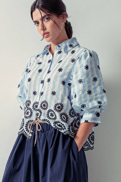 Bluebell Scallop Blouse-Button Front,Button Up,clothing,Collared,Floral,Floral Pattern,Floral Print,Half Puff Sleeve,Puff,Puff Sleeve,Scallop Accent Trim,Scallop Edge,Scallop Hem,Tops,Urban Daizy,Women,women's-[option4]-[option5]-[option6]-Bella Bliss Boutique in Texas