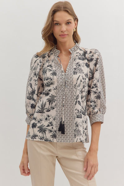 Botanical Tassel Tie Top-3/4 Sleeve,blouses,Button Detail,clothing,Entro,Floral,Floral Print,Split Neck,Split Neckline,Split V-Neck,Tassel Tie,Top,Tops,Women,women's-S-[option4]-[option5]-[option6]-Bella Bliss Boutique in Texas