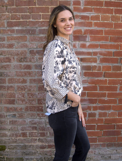 Botanical Tassel Tie Top-3/4 Sleeve,blouses,Button Detail,clothing,Entro,Floral,Floral Print,Split Neck,Split Neckline,Split V-Neck,Tassel Tie,Top,Tops,Women,women's-[option4]-[option5]-[option6]-Bella Bliss Boutique in Texas