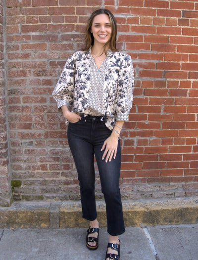 Botanical Tassel Tie Top-3/4 Sleeve,blouses,Button Detail,clothing,Entro,Floral,Floral Print,Split Neck,Split Neckline,Split V-Neck,Tassel Tie,Top,Tops,Women,women's-[option4]-[option5]-[option6]-Bella Bliss Boutique in Texas