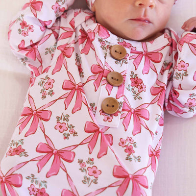 Bow Besties Newborn Baby Knot Gown & Hat Set-Button Front Detail,Caden Lane,Children & Tween,Children & Tweens,Infant to 6,newborn,polyester,Rompers,Swaddle + Headband-0-3 months-[option4]-[option5]-[option6]-Bella Bliss Boutique in Texas