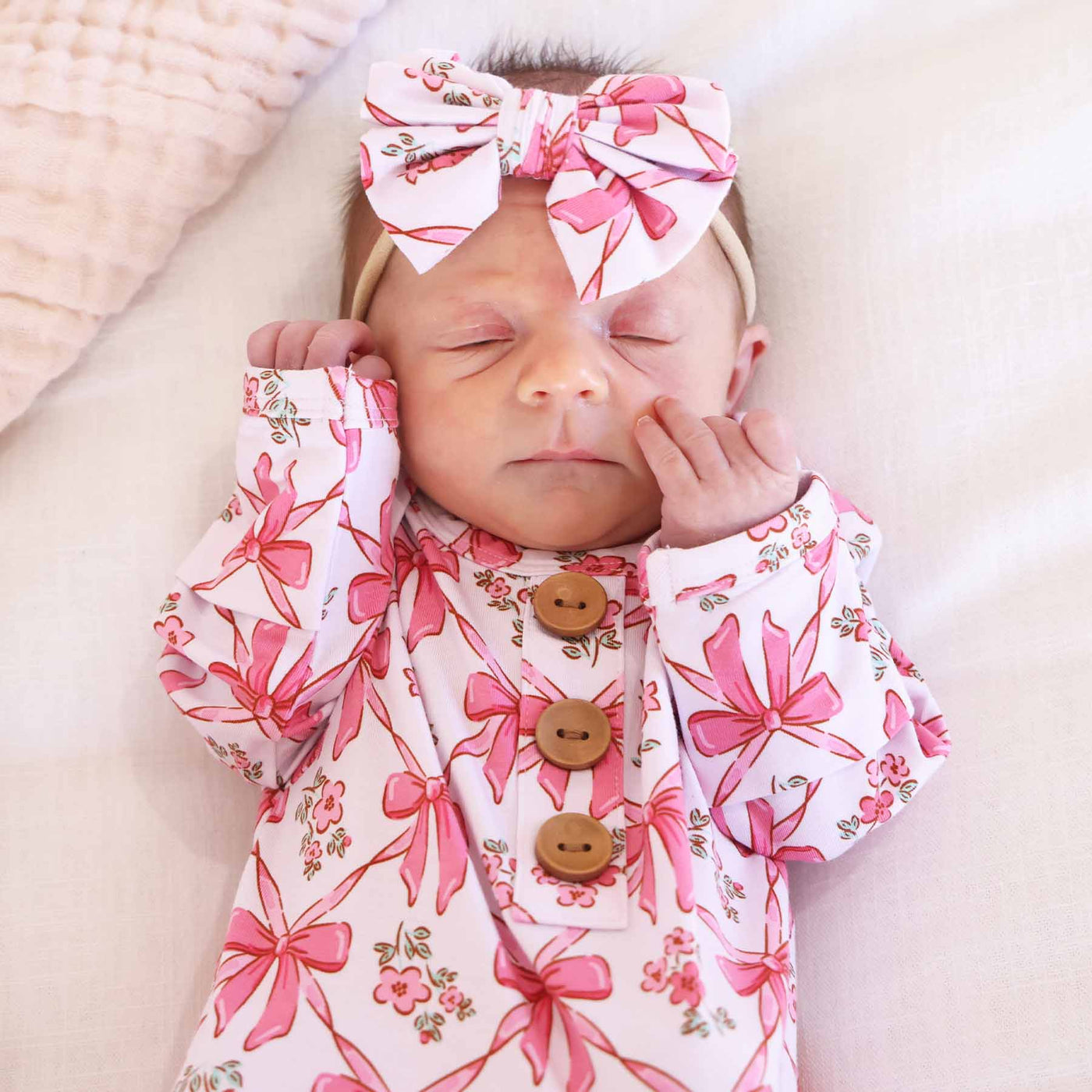 Bow Besties Newborn Baby Knot Gown & Hat Set-Button Front Detail,Caden Lane,Children & Tween,Children & Tweens,Infant to 6,newborn,polyester,Rompers,Swaddle + Headband-[option4]-[option5]-[option6]-Bella Bliss Boutique in Texas