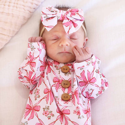 Bow Besties Newborn Baby Knot Gown & Hat Set-Button Front Detail,Caden Lane,Children & Tween,Children & Tweens,Infant to 6,newborn,polyester,Rompers,Swaddle + Headband-[option4]-[option5]-[option6]-Bella Bliss Boutique in Texas