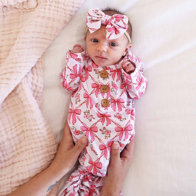 Bow Besties Newborn Baby Knot Gown & Hat Set-Button Front Detail,Caden Lane,Children & Tween,Children & Tweens,Infant to 6,newborn,polyester,Rompers,Swaddle + Headband-[option4]-[option5]-[option6]-Bella Bliss Boutique in Texas