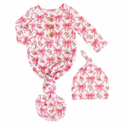 Bow Besties Newborn Baby Knot Gown & Hat Set-Button Front Detail,Caden Lane,Children & Tween,Children & Tweens,Infant to 6,newborn,polyester,Rompers,Swaddle + Headband-[option4]-[option5]-[option6]-Bella Bliss Boutique in Texas