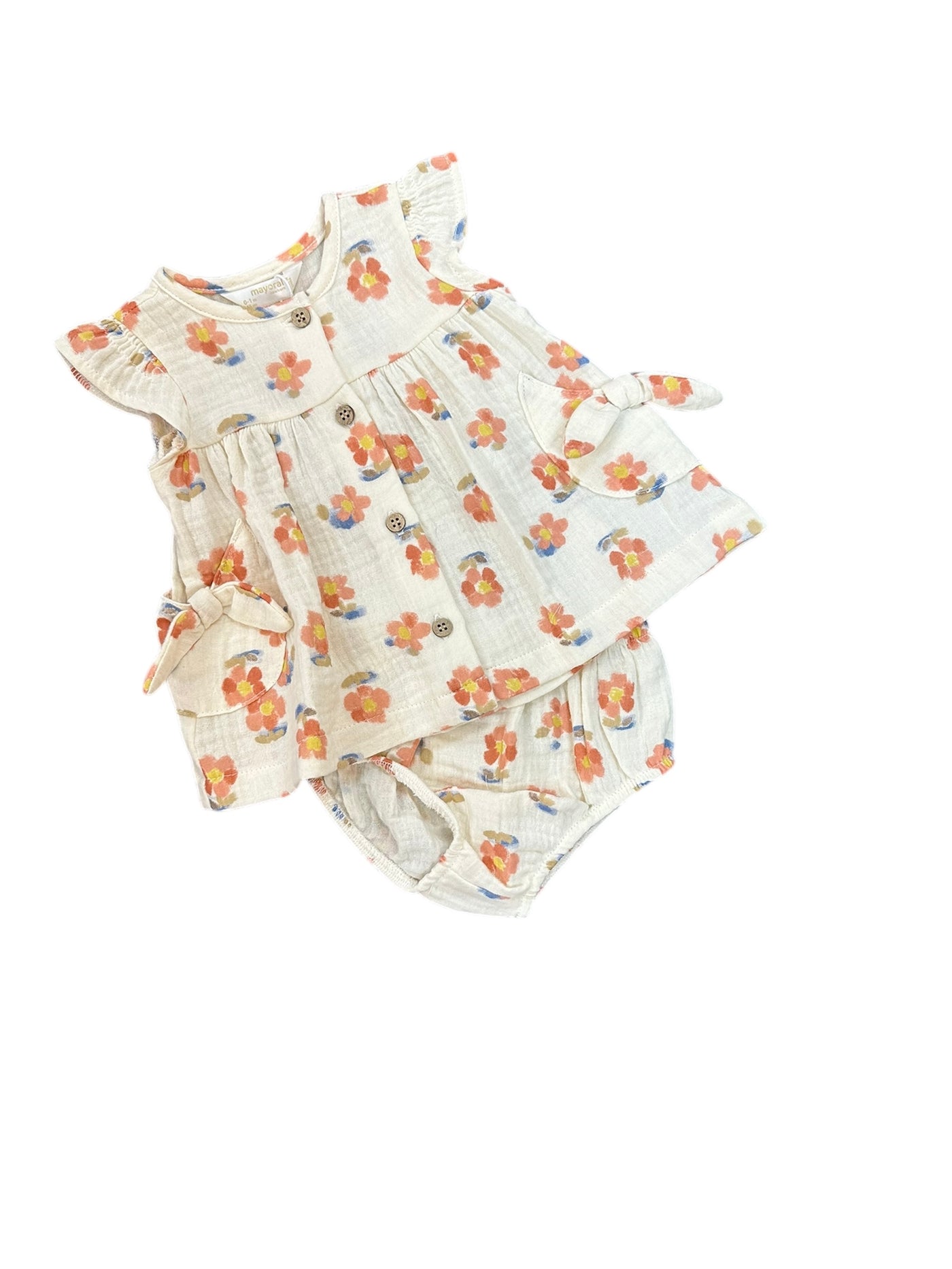 Bow Detail Dress w/Bloomers-Bloomers,Button Detail,Children & Tweens,children's,clothing,Dress with Bloomers,dresses,Floral,Floral Print,Infant to 6,Peach-0/1M-[option4]-[option5]-[option6]-Bella Bliss Boutique in Texas