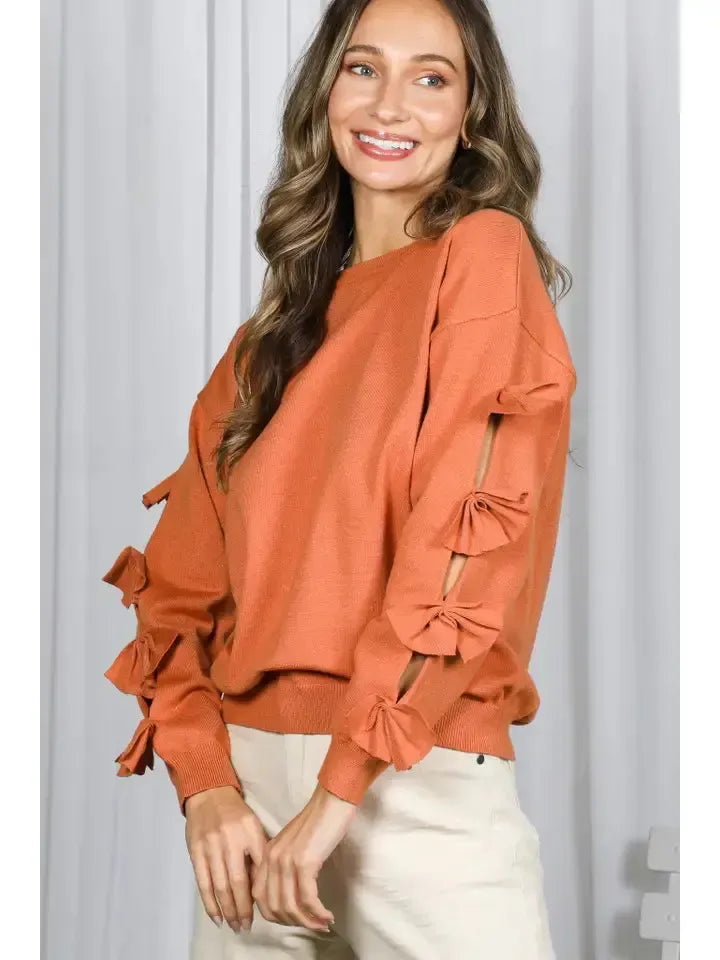 Bow Embellished Crew Neck Sweater-Bow Detail,Bow Embellished,Burnt Orange,clothing,Crew Neck,Drop Shoulder,Knit Sweater,Knit Top,Ribbed Crew Neck,Ribbed Hem,Ribbed Neckline,Sweater,Sweaters,Top,Tops,Women,women's-S-[option4]-[option5]-[option6]-Bella Bliss Boutique in Texas