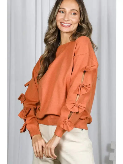 Bow Embellished Crew Neck Sweater-Bow Detail,Bow Embellished,Burnt Orange,clothing,Crew Neck,Drop Shoulder,Knit Sweater,Knit Top,Ribbed Crew Neck,Ribbed Hem,Ribbed Neckline,Sweater,Sweaters,Top,Tops,Women,women's-S-[option4]-[option5]-[option6]-Bella Bliss Boutique in Texas