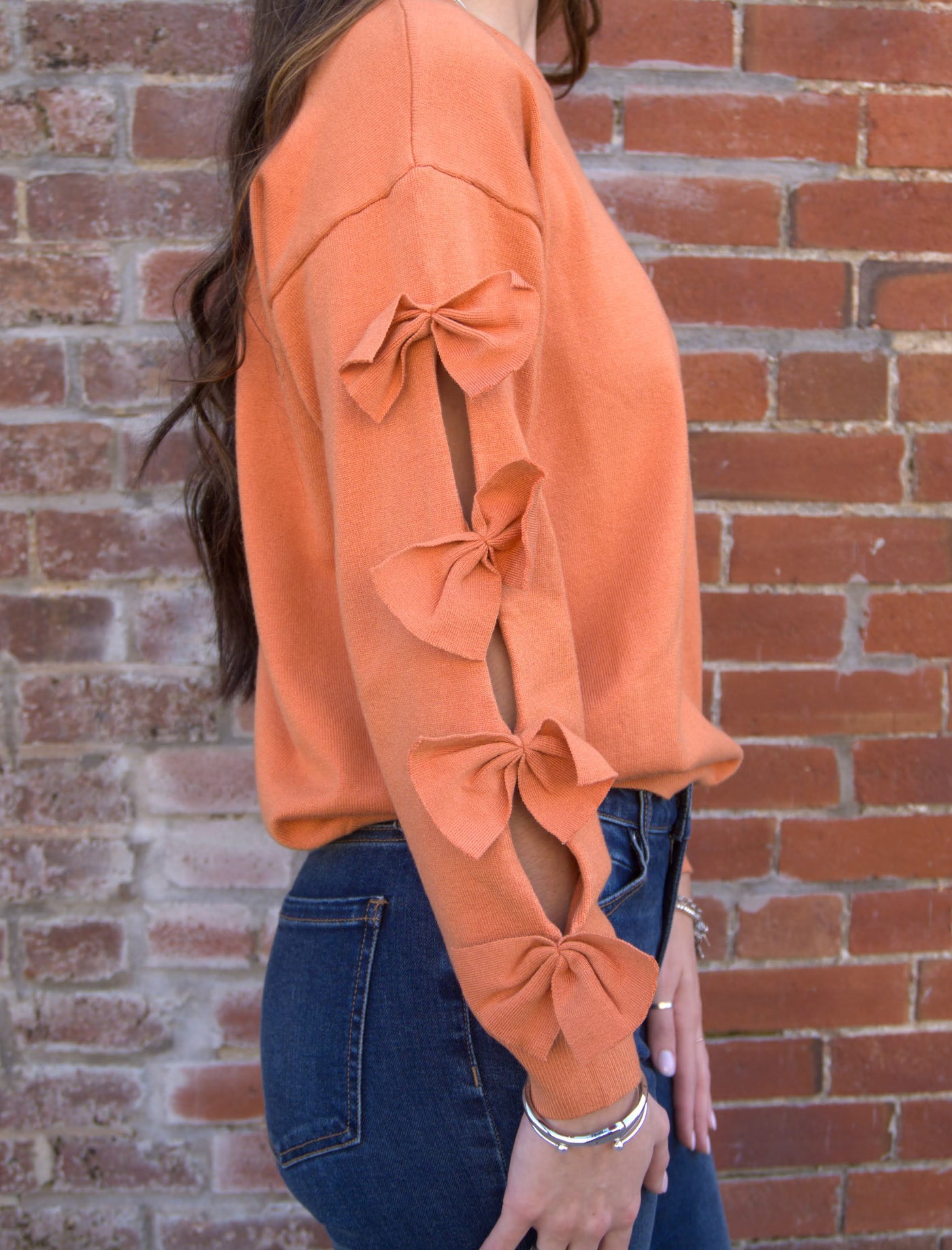 Bow Embellished Crew Neck Sweater-Bow Detail,Bow Embellished,Burnt Orange,clothing,Crew Neck,Drop Shoulder,Knit Sweater,Knit Top,Ribbed Crew Neck,Ribbed Hem,Ribbed Neckline,Sweater,Sweaters,Top,Tops,Women,women's-[option4]-[option5]-[option6]-Bella Bliss Boutique in Texas