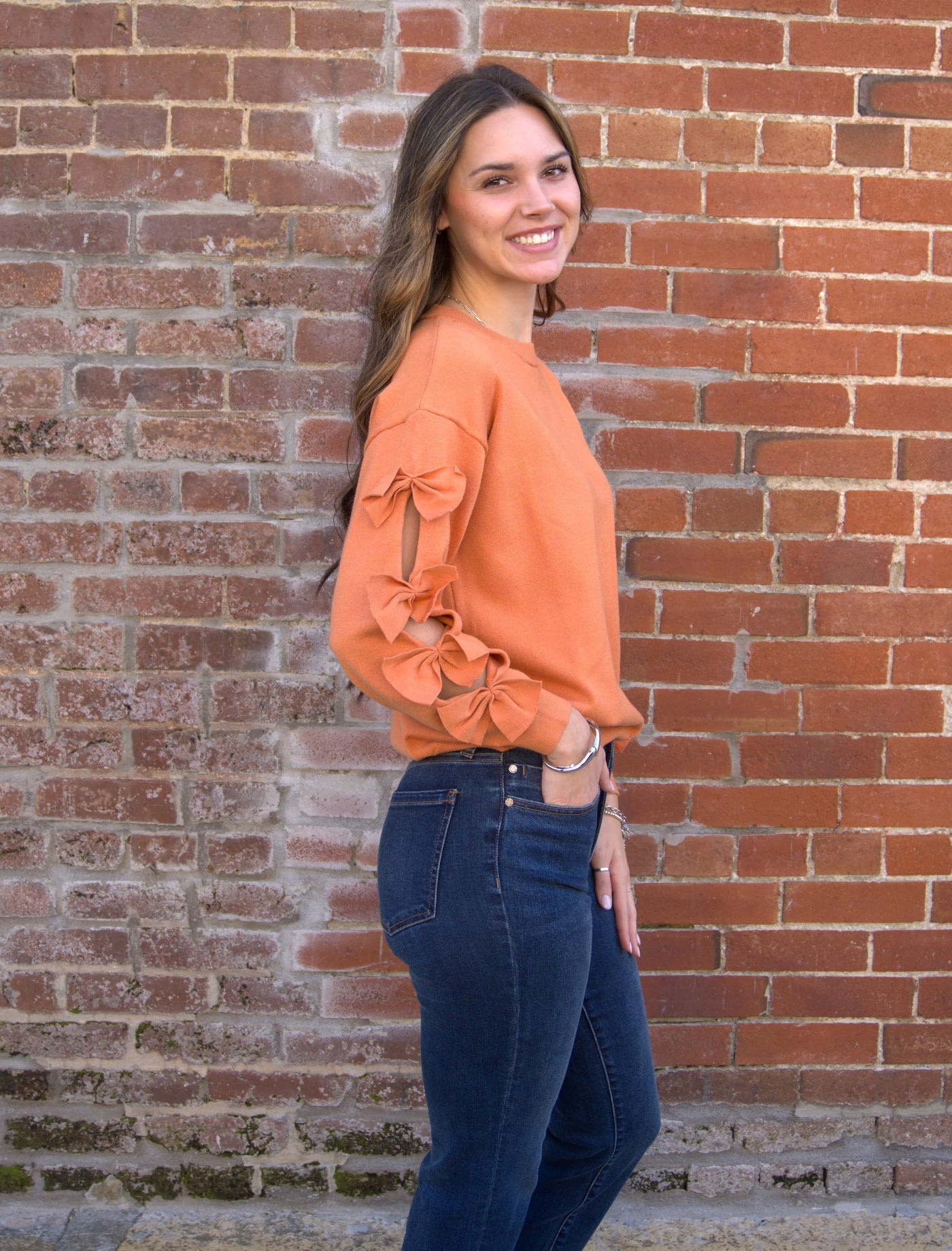 Bow Embellished Crew Neck Sweater-Bow Detail,Bow Embellished,Burnt Orange,clothing,Crew Neck,Drop Shoulder,Knit Sweater,Knit Top,Ribbed Crew Neck,Ribbed Hem,Ribbed Neckline,Sweater,Sweaters,Top,Tops,Women,women's-[option4]-[option5]-[option6]-Bella Bliss Boutique in Texas